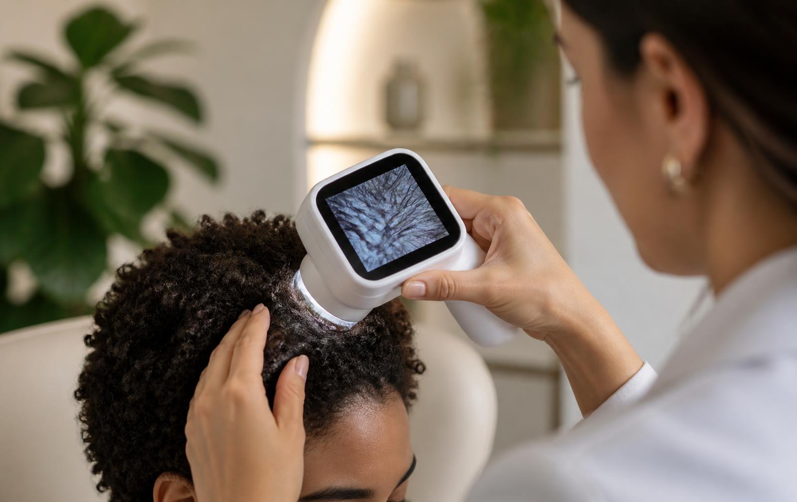 Trichoscopy examination of a patient's scalp at Maison Novaé