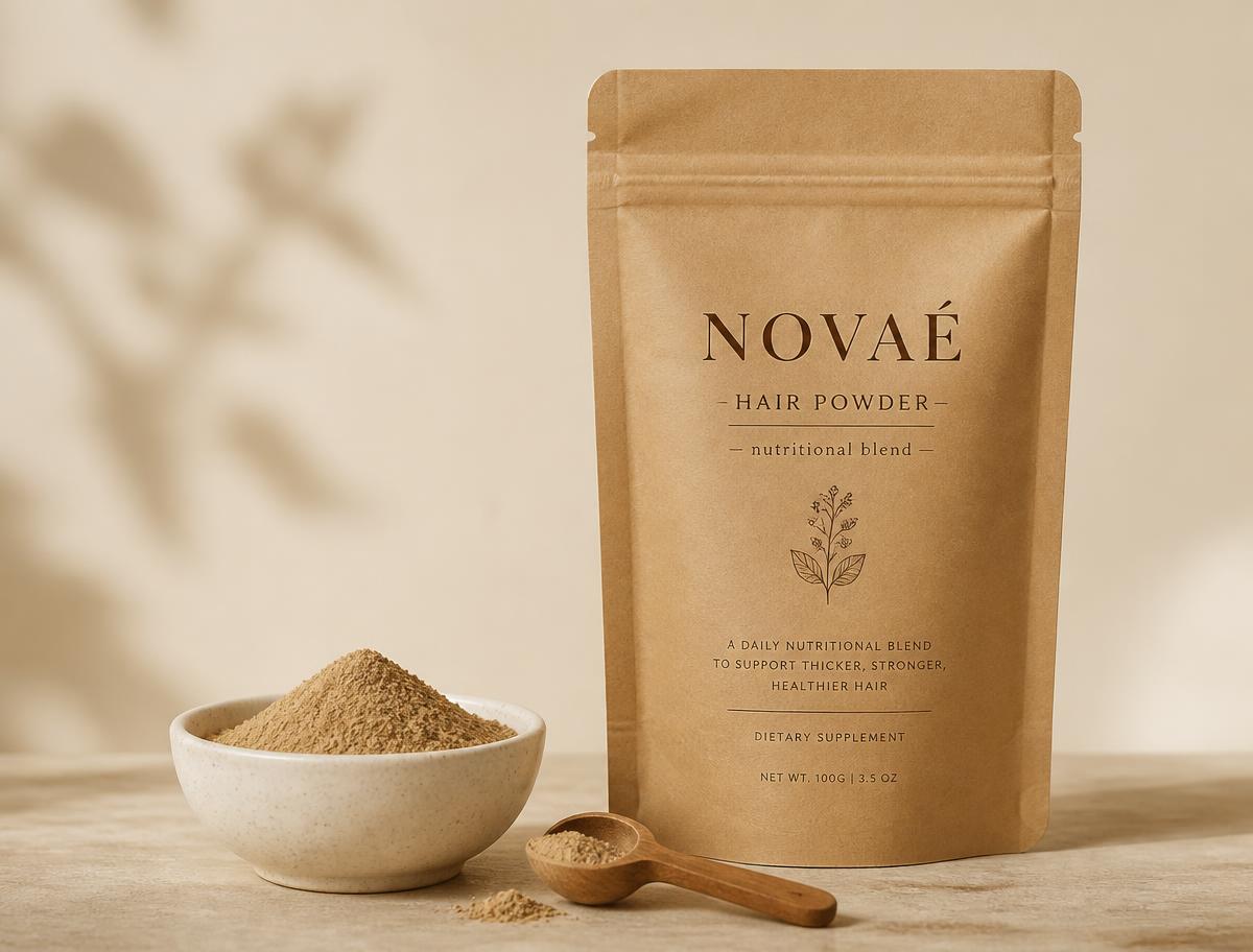 Novaé Hair Powder kraft pouch with ceramic bowl and wooden spoon