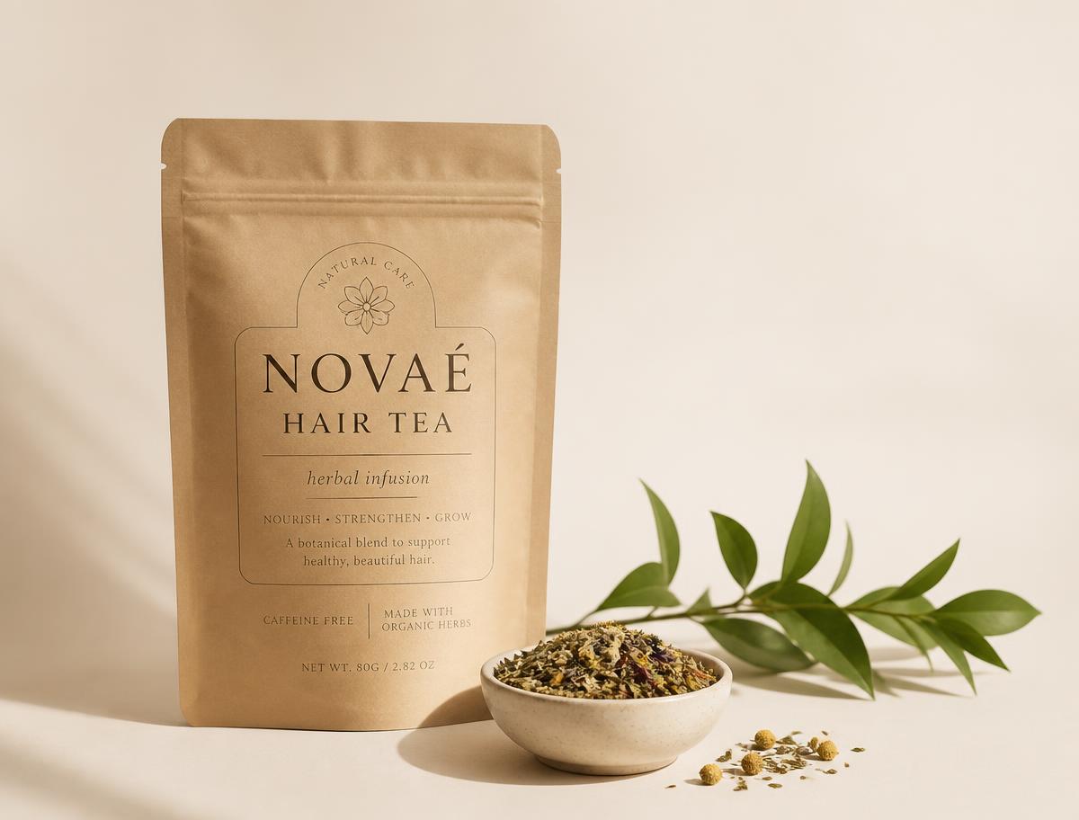 Novaé Hair Tea kraft pouch with loose herbs