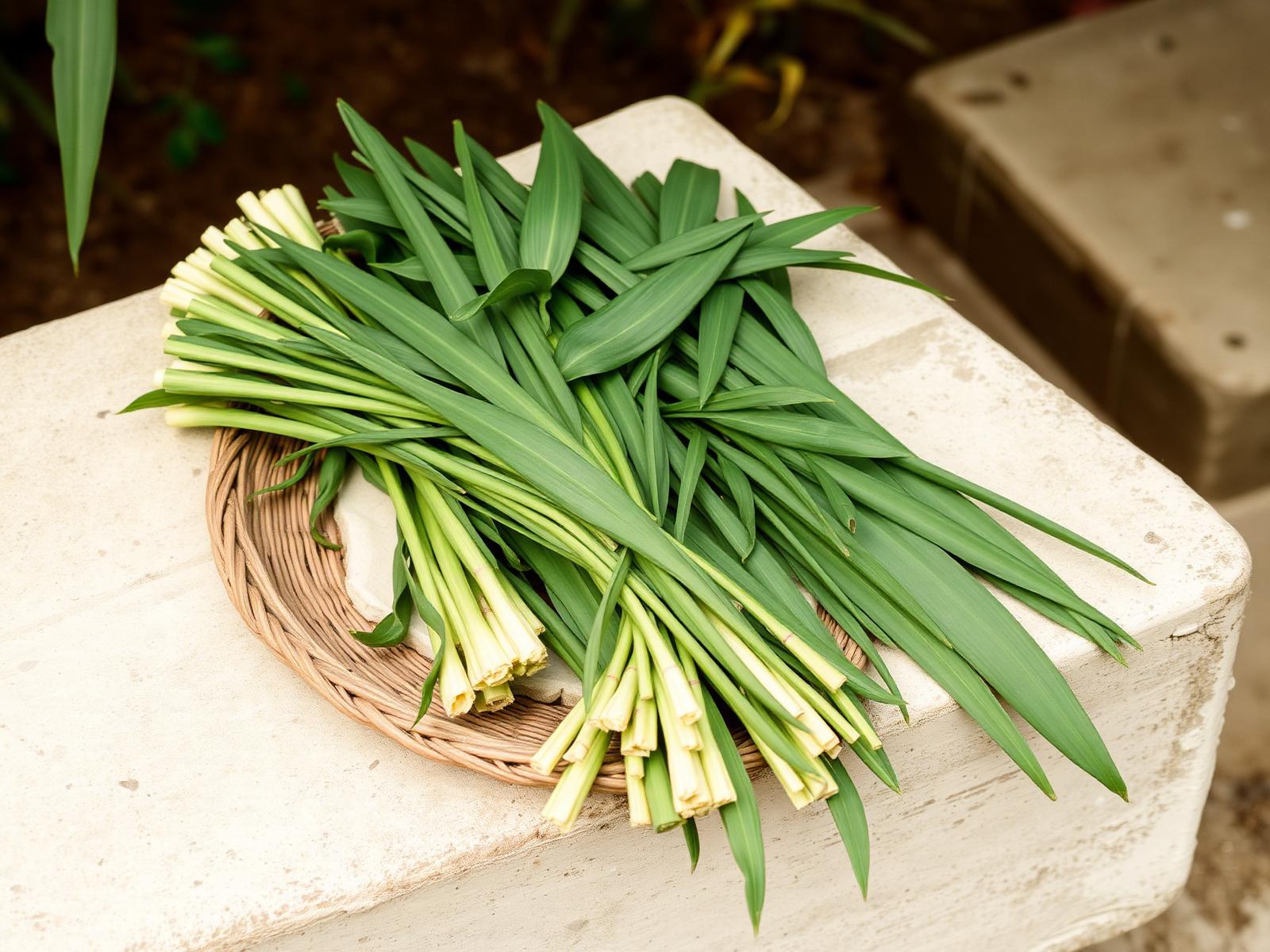 Fresh lemongrass and green leaves on pale stone