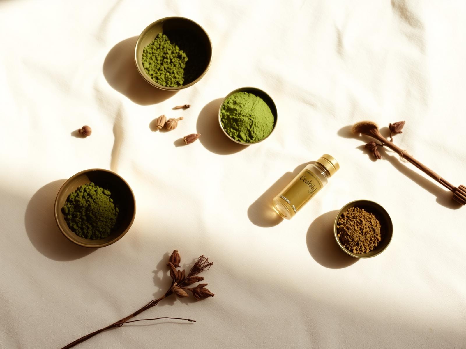 Herbal powders, dried botanicals and a vial of hair oil on ivory linen