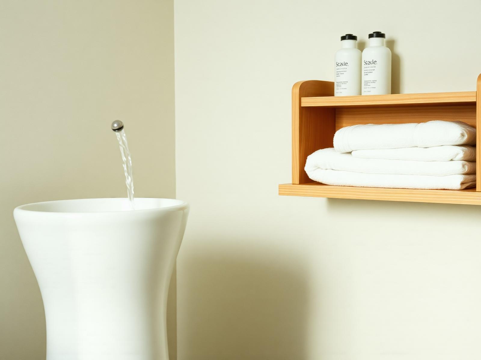 Quiet salon detail: water over a ceramic basin and folded towels
