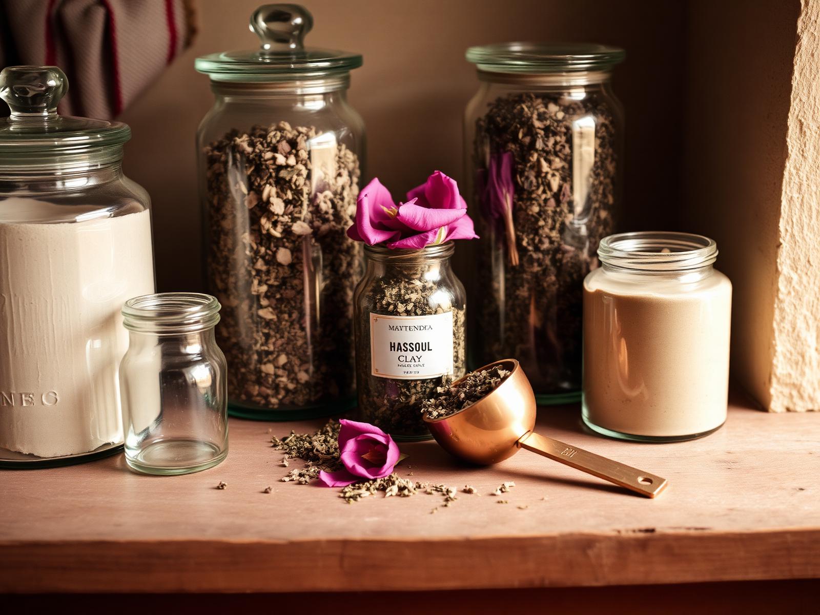 Apothecary jars of rhassoul clay, dried herbs and a copper scoop