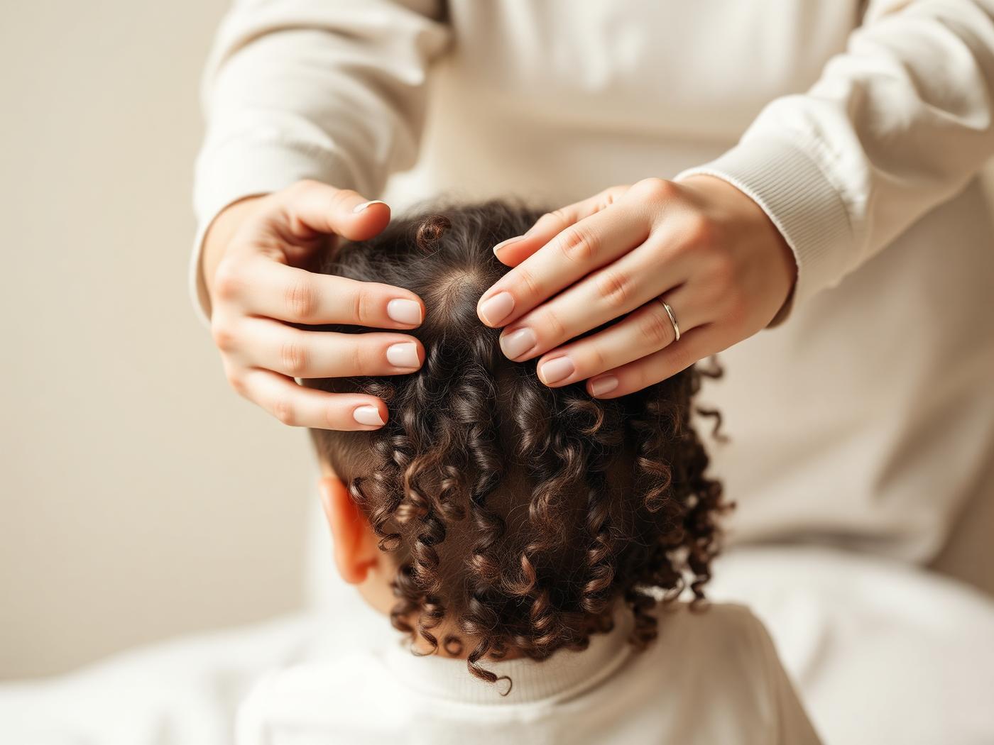 A parent's hands gently sectioning a child's curls during home care