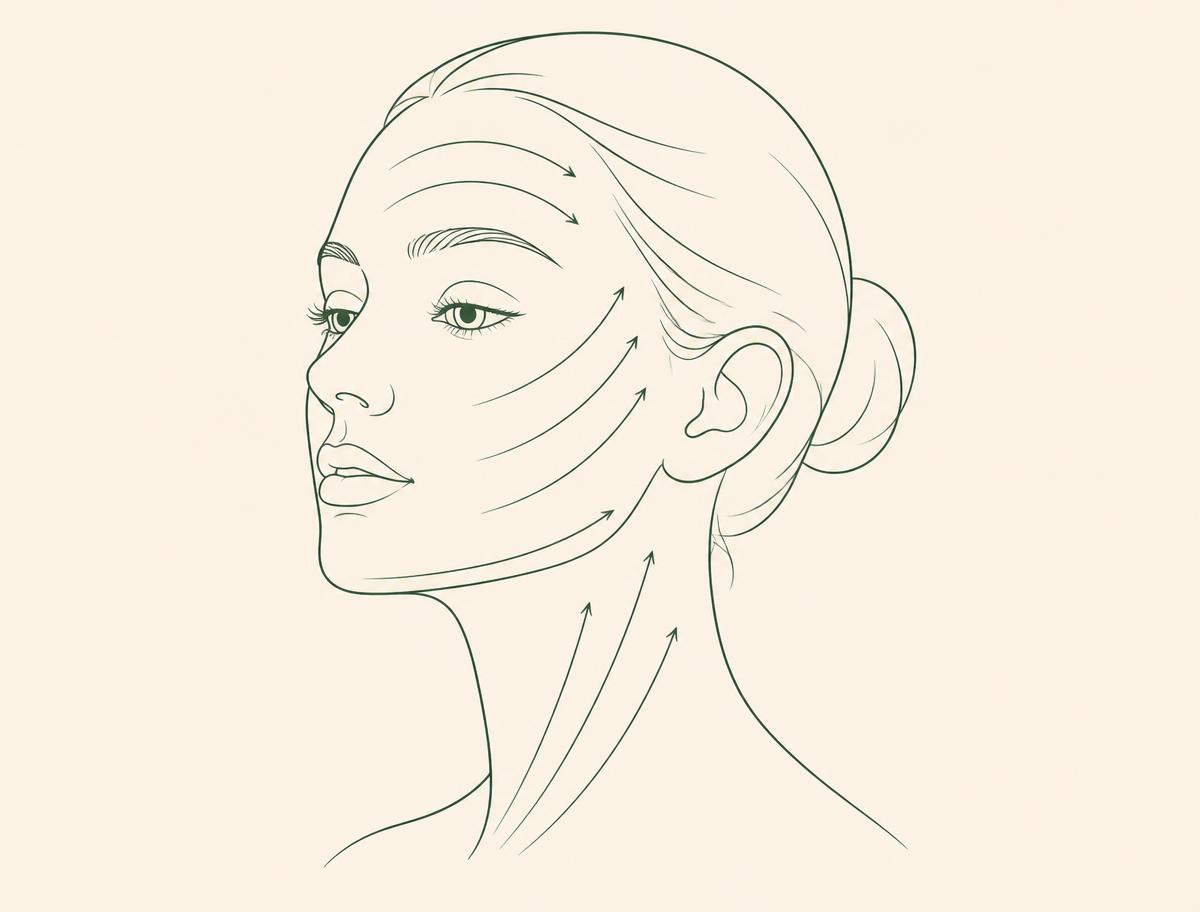 Fine-line illustration of the facial and neck massage directions