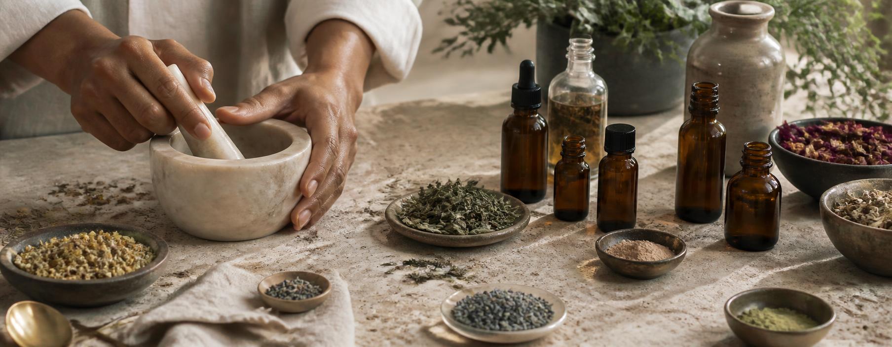 Hands grinding dried botanicals with a marble mortar and pestle beside tinctures and powders