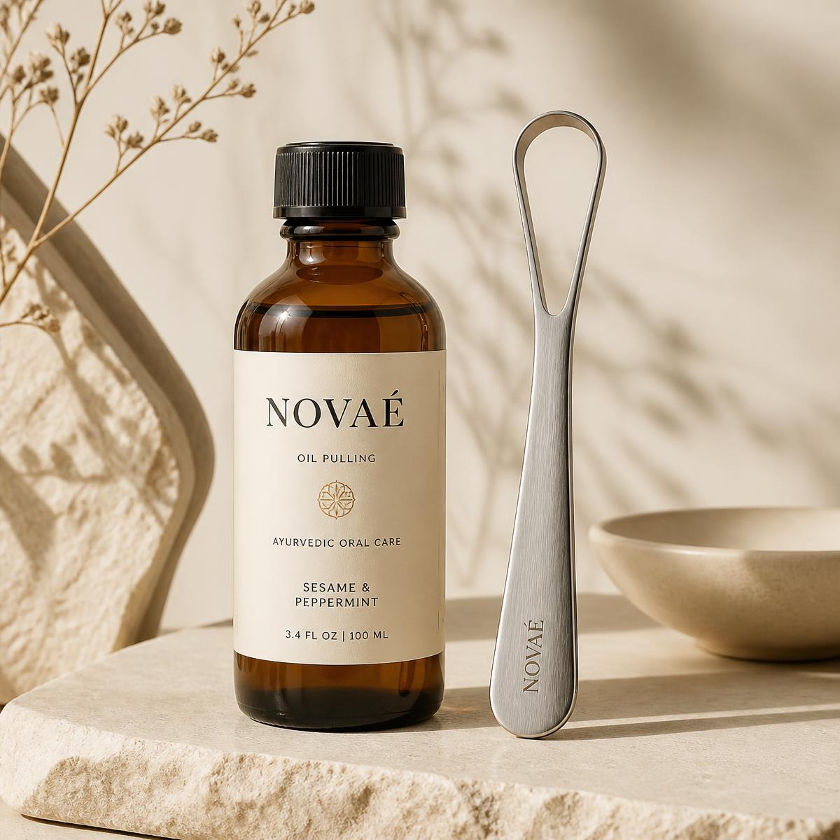 Novaé Smile oil pulling bottle beside its stainless steel tongue scraper