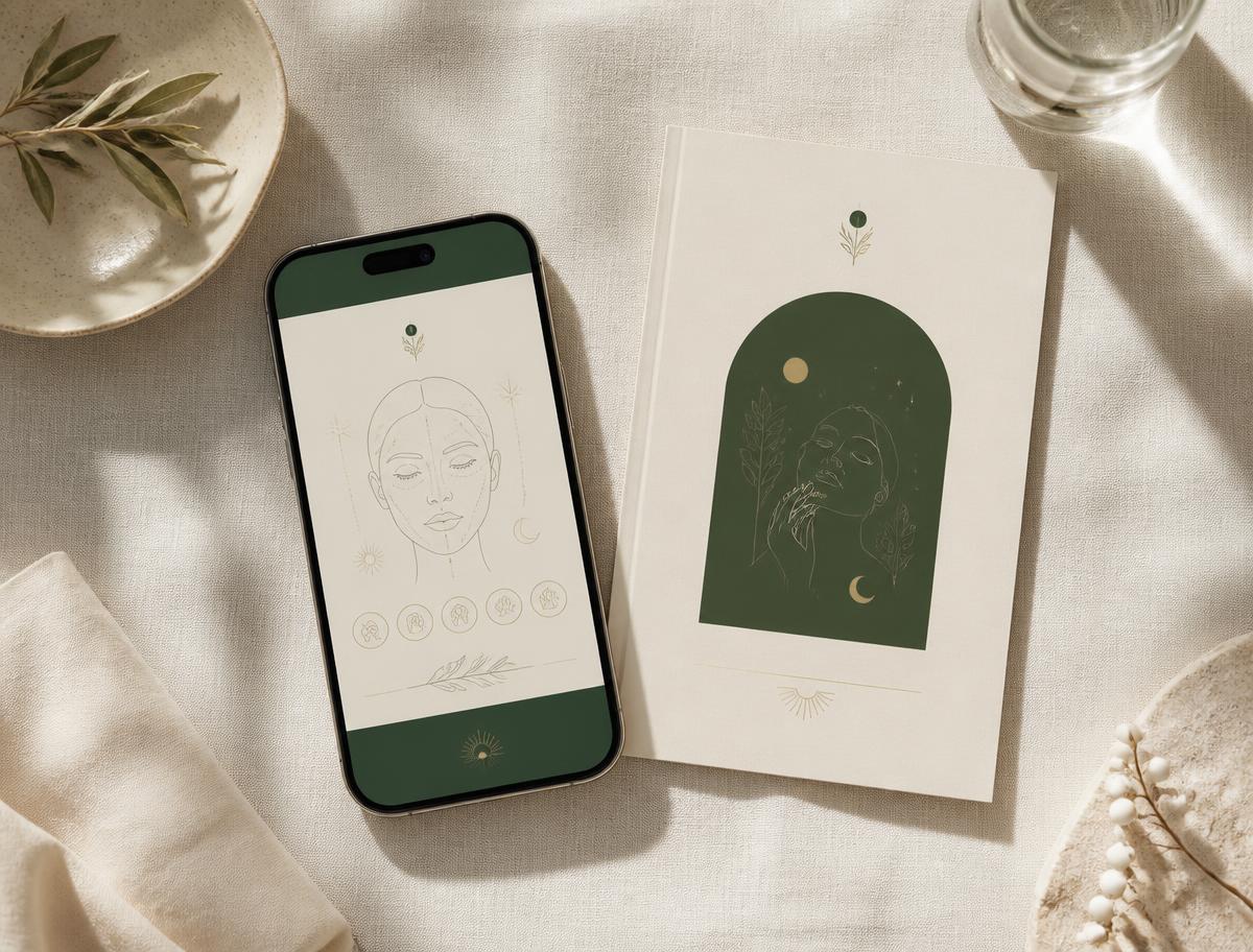 The Novaé Hair + Skin Ritual Guide shown on a phone beside a printed booklet
