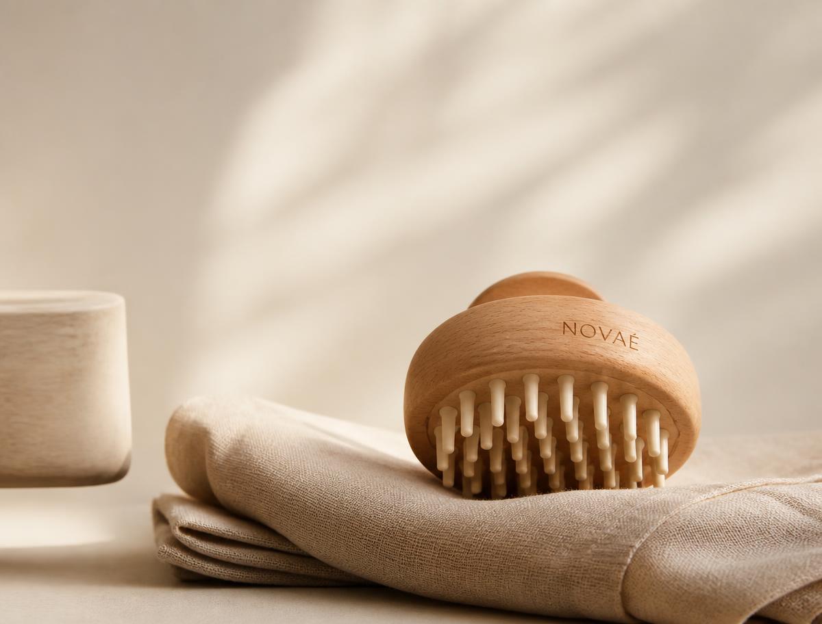 Novaé wooden scalp massage brush on linen