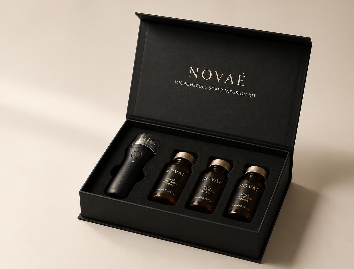 The Novaé Microneedle Scalp Infusion Kit — applicator and serum vials
