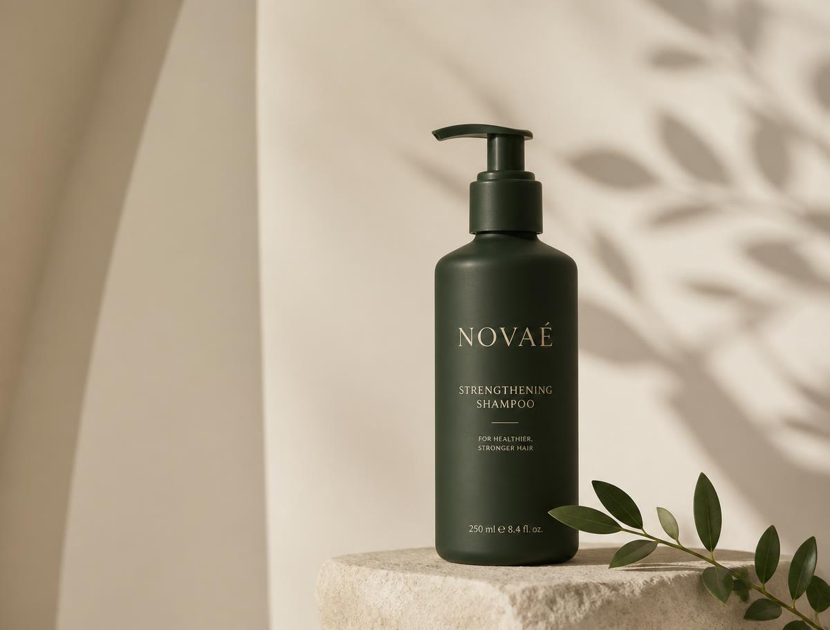 Novaé Strengthening Shampoo on pale stone