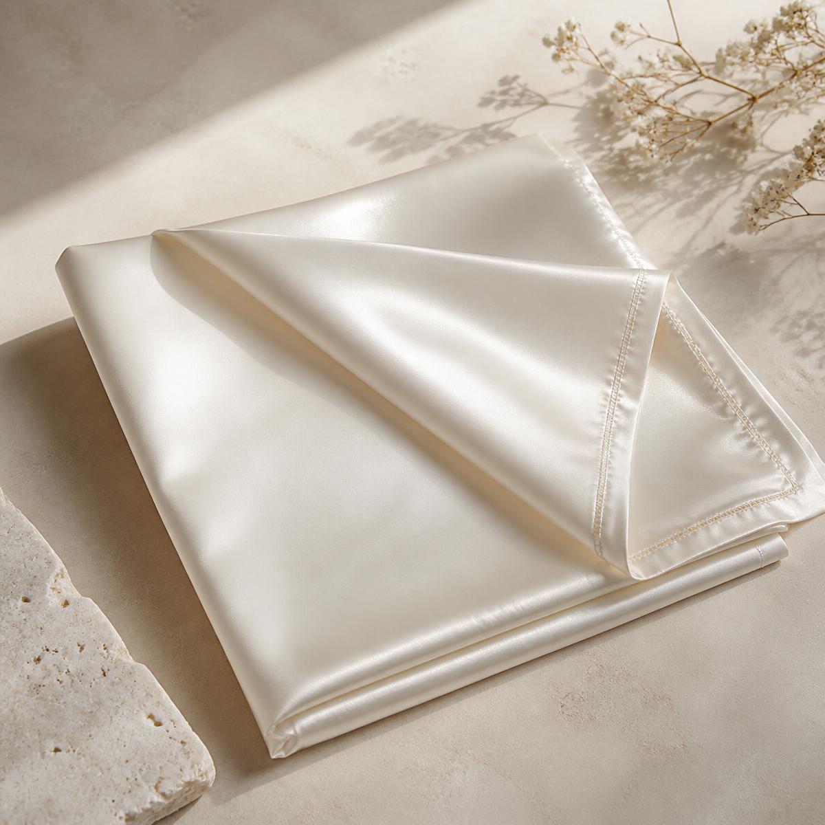 Folded ivory silk pillowcase on a pale stone surface