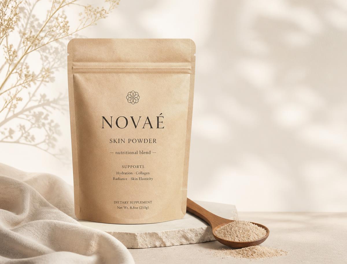 Novaé Skin Powder kraft pouch with wooden spoon