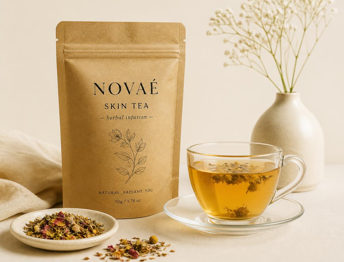 Novaé Skin Tea kraft pouch with brewed infusion