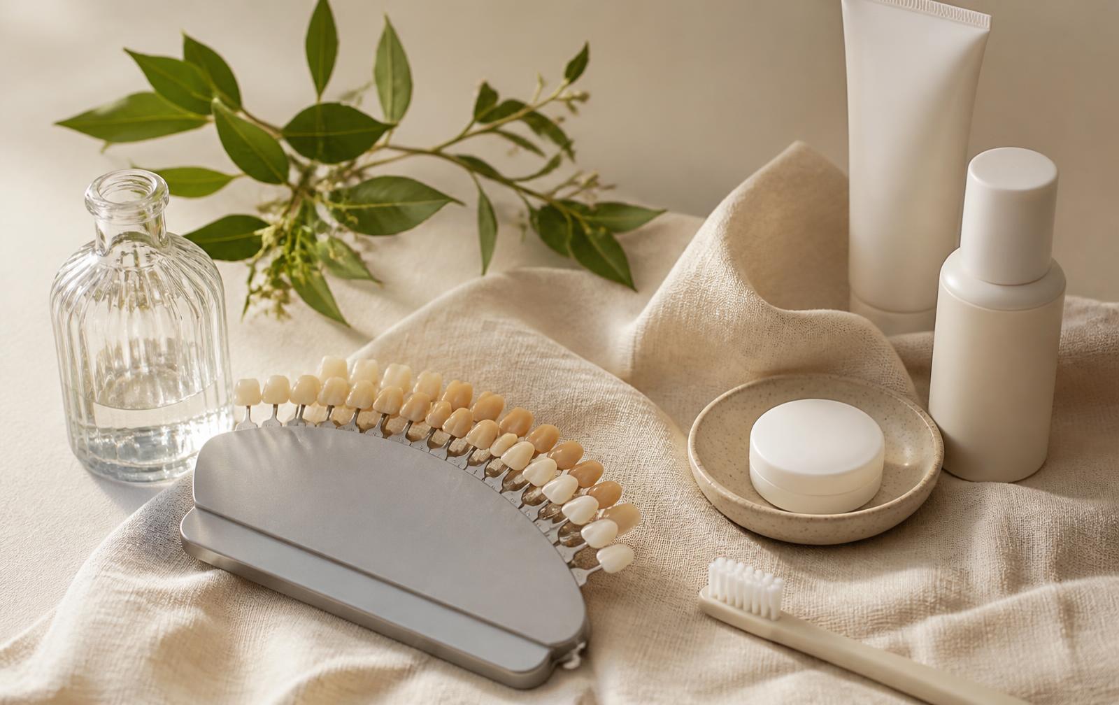Shade guide and Novaé Smile aftercare products on ivory linen