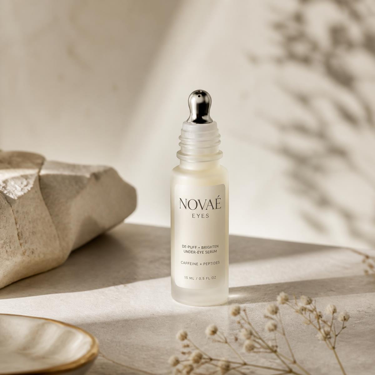 Novaé Eyes under-eye serum in a frosted glass bottle on pale stone